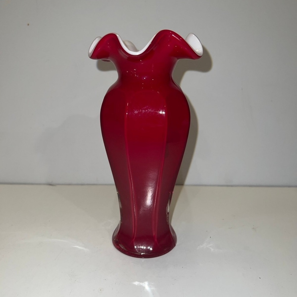 Vintage Ruby Red Ruffled White Case 8” Vase